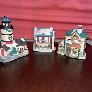3 Piece Christmas Village Pieces 5/6 Inches Post Office Lighthouse Apple Vendor